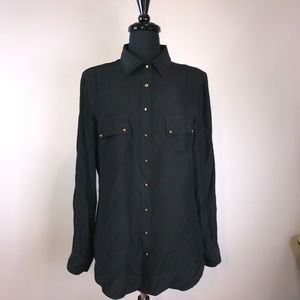 Black button down blouse with gold accents